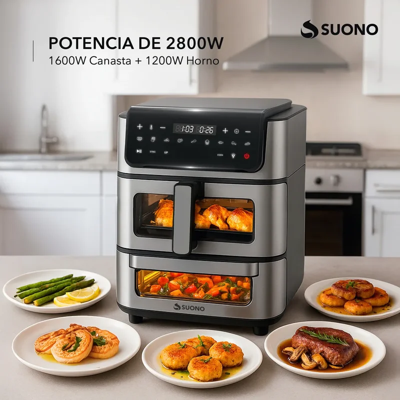 Freidora De Aire + Horno Pizzero Suono Airfryer Vertical 13l Acero Inoxidable - Stock disponible - Electrodomésticos