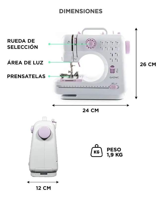 Máquina De Coser Portatíl Gadnic Sw3000 12 Puntos Pedal Luz Falso Overlock Tijera - Stock disponible - Electrónica