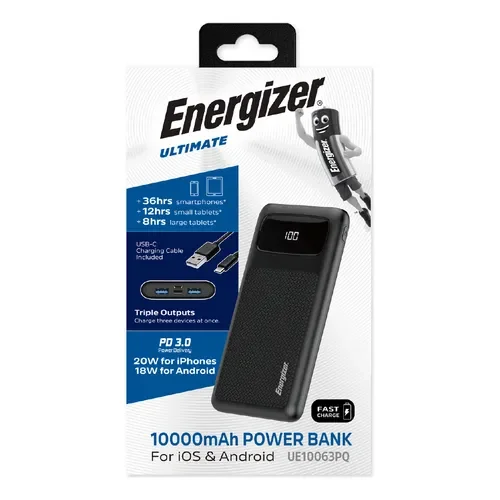 Usb Power Bank Energizer Cargador Portatil Ultimate Powerbank 10000mah Con Visor Lcd Color Negro - Stock disponible