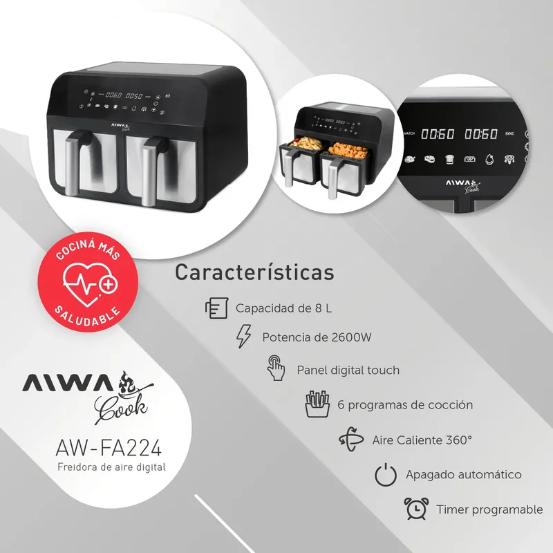 Freidora De Aire Digital Doble Canasto 4 + 4 Lts Aiwa 2600w Color Negro/Plateado - Stock disponible - Electrodomésticos