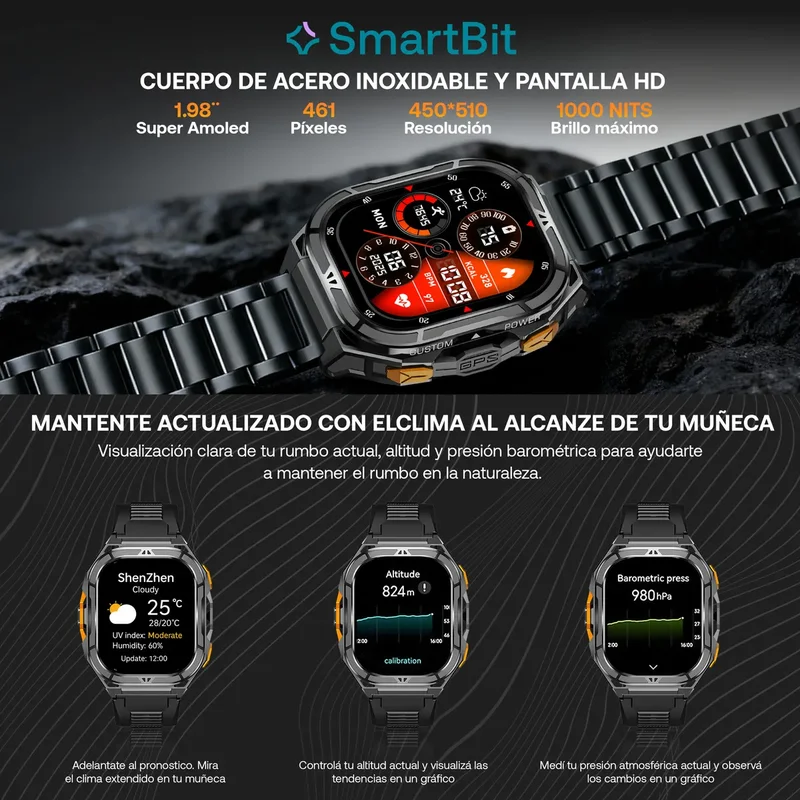 Reloj Inteligente Hombre Gps Integrado Satelital Smartbit Armor Smartwatch Sumergible 50 Metros +170 Deportes Llamadas Mensajes Acero Inoxidable Super Amoled 15 Dias De Bateria Malla Extra - Stock disponible - Deportes y Entretenimiento