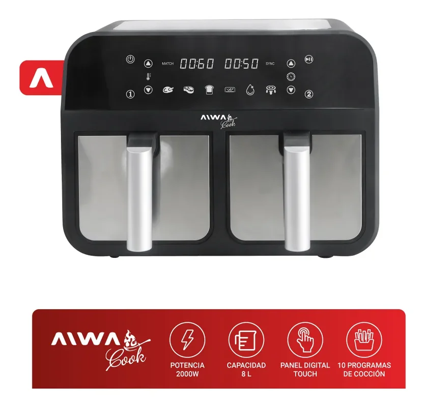 Freidora De Aire Digital Doble Canasto 4 + 4 Lts Aiwa 2600w Color Negro/Plateado - Stock disponible - Electrodomésticos