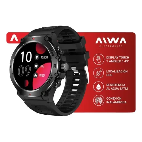 Smartwatch Aiwa 1.43 Amoled Gps Notificaciones Silicona - Negro - Stock disponible