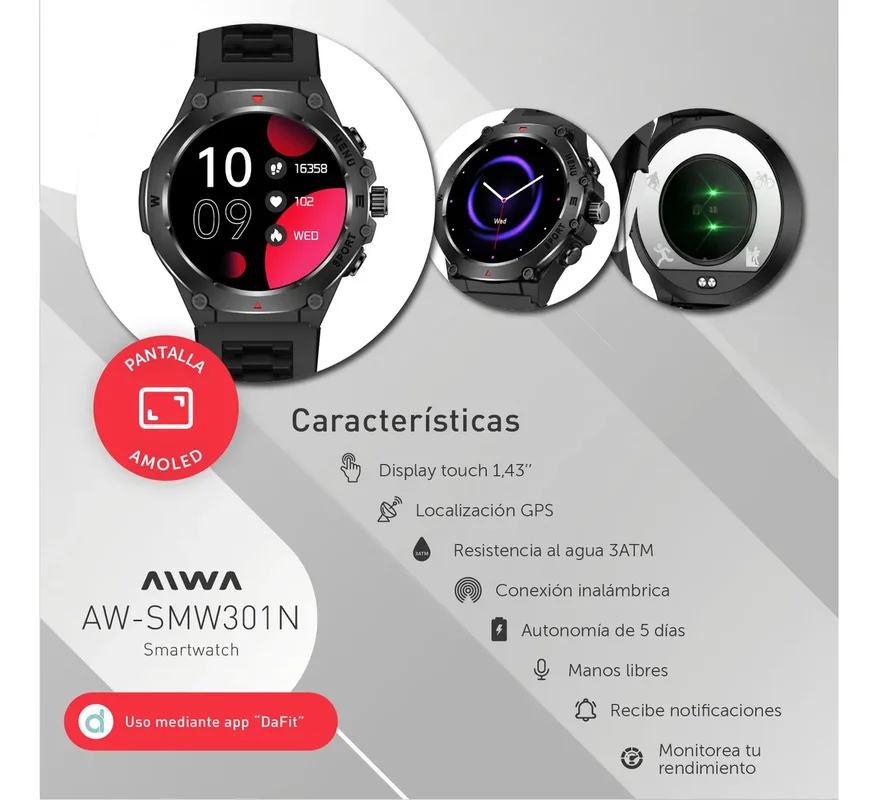 Smartwatch Aiwa 1.43 Amoled Gps Notificaciones Silicona - Negro - Stock disponible - Electrónica
