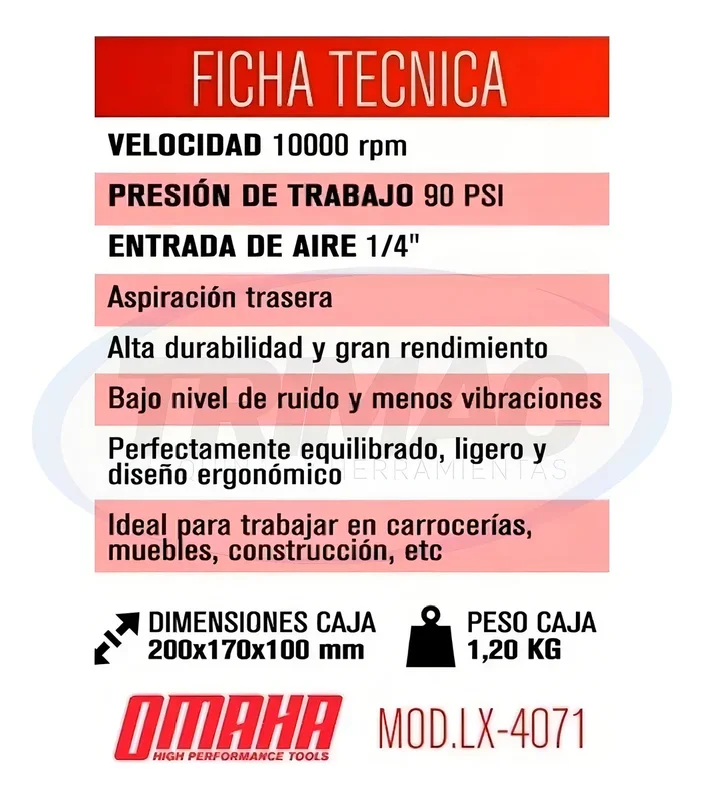 Lijadora Roto Orbital Neumática Omaha LX4071 Disco 150mm 6.2 Bar - Stock disponible - Electrónica