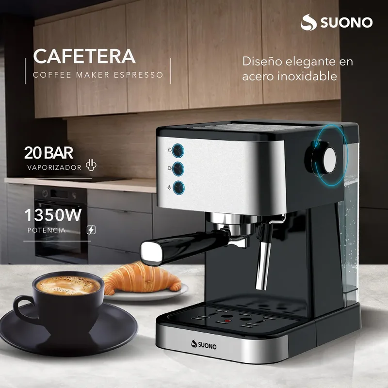 Cafetera Expresso Suono 1.5 L Acero Inoxidable 20 Bar Calentamiento de Tazas 1350 W Color Negro/Plateado - Stock disponible - Productos para Mascotas