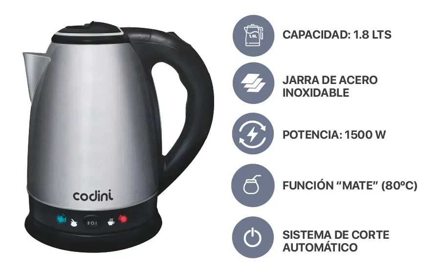 Pava Eléctrica Codini Corte Mate Acero Inoxidable 1.8lts - Stock disponible - Electrodomésticos