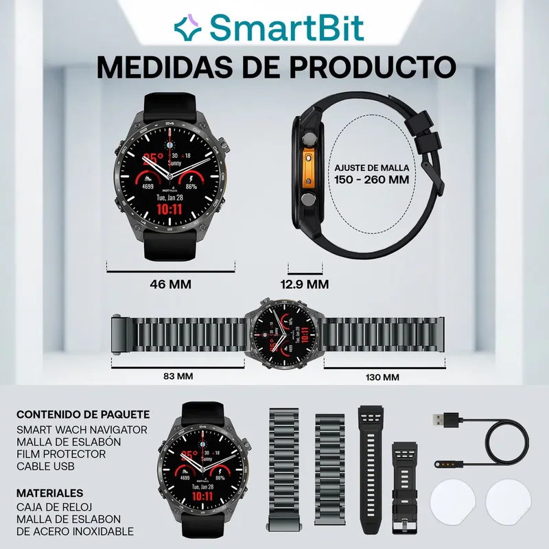 Reloj Inteligente Hombre Gps Integrado Smartbit Navigator Negro Musica Mp3 +300 Canciones Conexion A Auriculares Bluetooth Descarga de Mapa Sumergible 5 ATM Deportivo Presion Arterial Malla Extra - Stock disponible - Electrónica