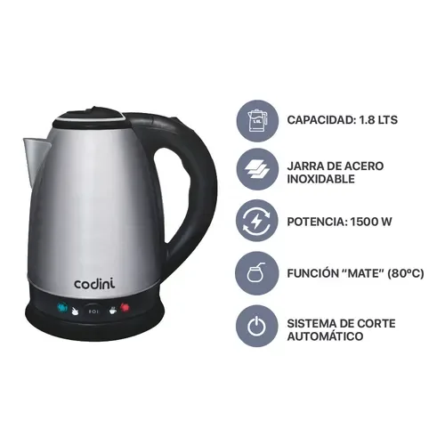 Pava Eléctrica Codini Corte Mate Acero Inoxidable 1.8lts - Stock disponible - Electrodomésticos