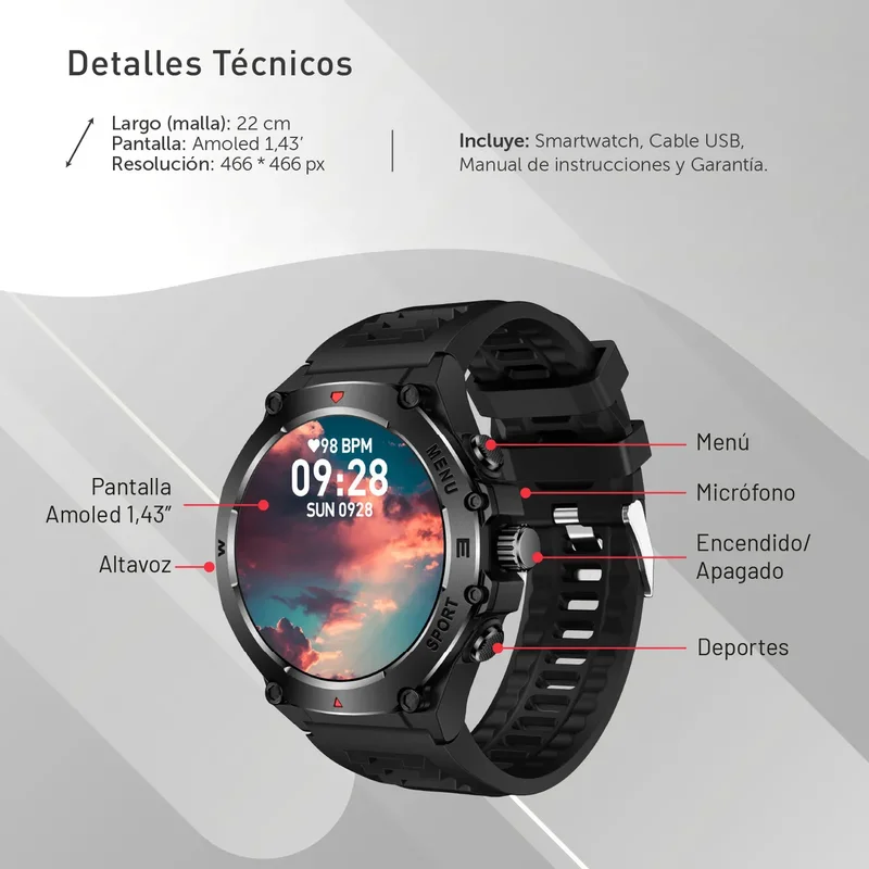 Smartwatch Aiwa 1.43 Amoled Gps Notificaciones Silicona - Negro - Stock disponible - Electrónica