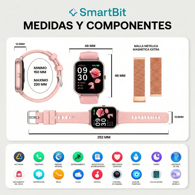 Reloj Inteligente Mujer Smartwatch Smartbit Bit 1 Active Rosa Cuadrado Deportivo Llamadas Mensajes Elegante Compatible Con Android E Ios Rosa Doble Malla - Stock disponible - Electrónica