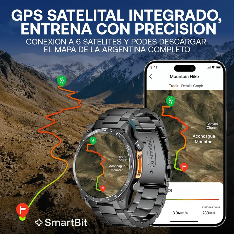 Reloj Inteligente Hombre Gps Integrado Smartbit Navigator Negro Musica Mp3 +300 Canciones Conexion A Auriculares Bluetooth Descarga de Mapa Sumergible 5 ATM Deportivo Presion Arterial Malla Extra - Stock disponible