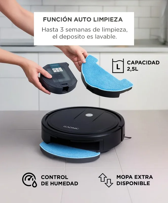 Aspiradora Robot Gadnic 5 Modos Limpieza Trapeo Inteligente Depósito de Agua Polvo Control App Conexion Inalambrica Sensores Anti‐Colisión Anticaída - Stock disponible - Artículos de Limpieza