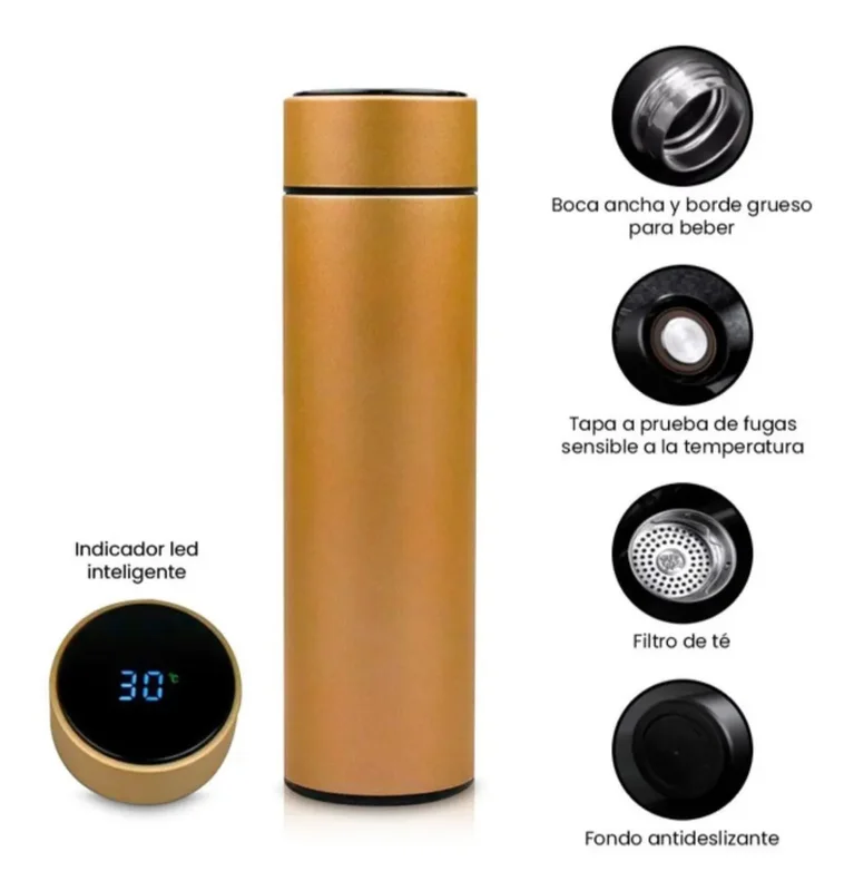Termo Inteligente Acero Inoxidable 500ml Sensor Temperatura Dorado - Stock disponible - Electrónica
