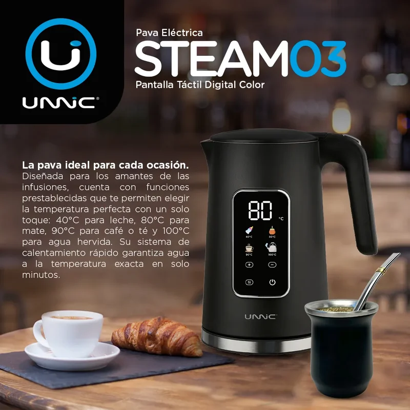 Pava Eléctrica Unnic Pantalla Digital Táctil Acero Inoxidable 1.7 L Temperatura Prestablecidas Ideal Para Mate Café Te Color Blanco - Stock disponible - Electrodomésticos