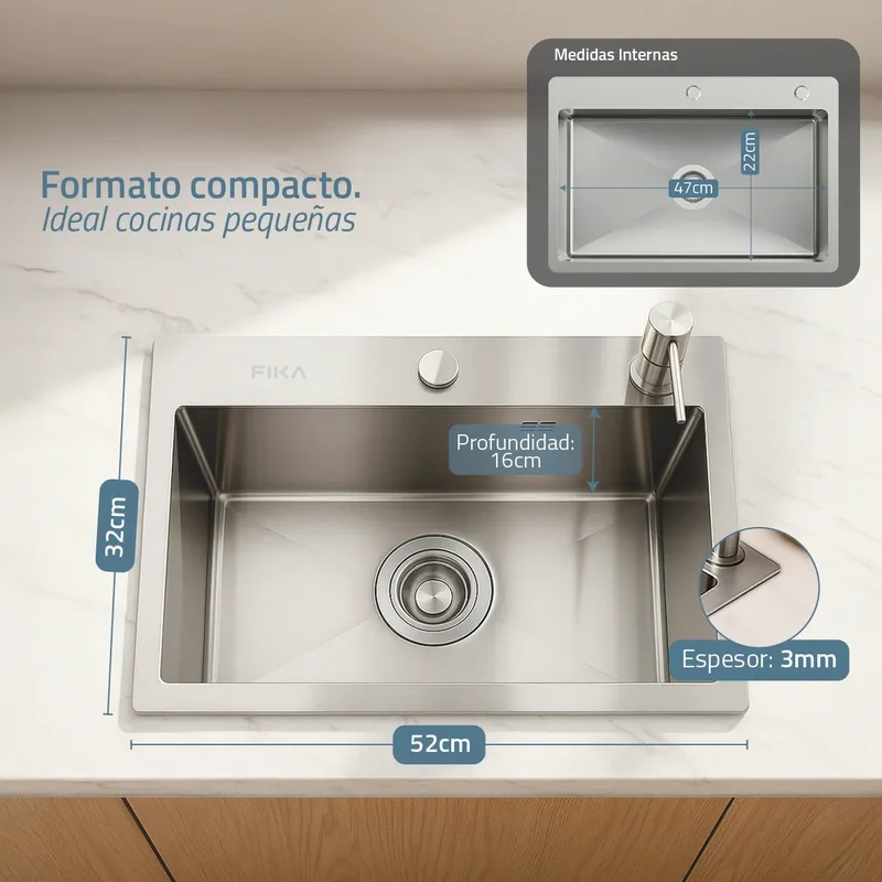 Bacha De Cocina Moderna Lavadero Pileta Simple Rectangular Fika Con Dispenser 52x32x16cm Plateada - Stock disponible - Electrónica