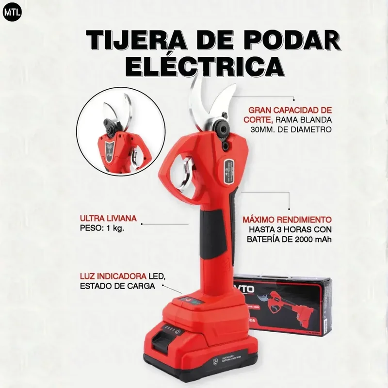 Tijera De Poda Eléctrica Mtl 20v Con Batería 2000mah Corte Recto 30mm Hoja De Acero Mango Antideslizante Ultra Liviana Para Jardín Viñedos Huerta Portatil Fácil De Usar - Stock disponible - Electrónica