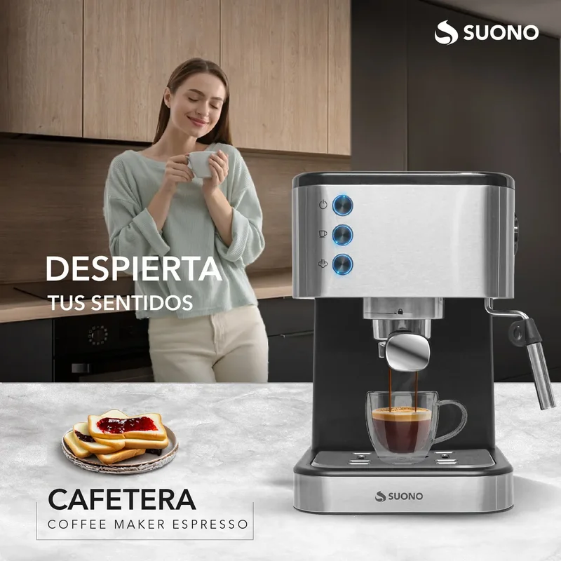 Cafetera Expresso Suono 1.5 L Acero Inoxidable 20 Bar Calentamiento de Tazas 1350 W Color Negro/Plateado - Stock disponible - Productos para Mascotas