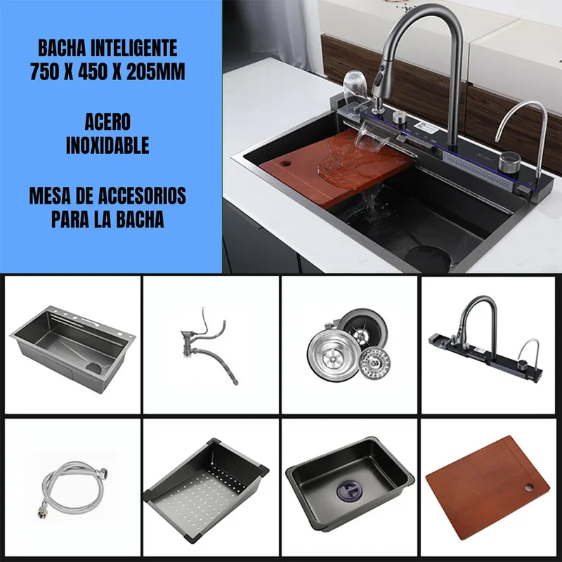 Bacha Multifuncional Knot Negra Acero Inoxidable 75cm Satinado Con Grifería - Stock disponible - Electrónica