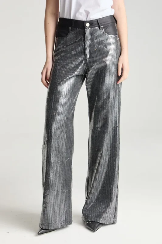 Jean Wide Leg Negro Lentejuelas Cuero Mujer Desiderata - Stock disponible - Electrónica