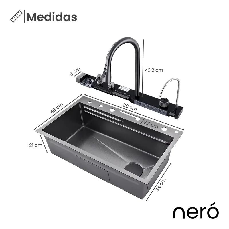 Bacha cocina inteligente multifuncion griferia digital Led Neró Cervina-8450 color negro - Stock disponible - Casa y Jardín