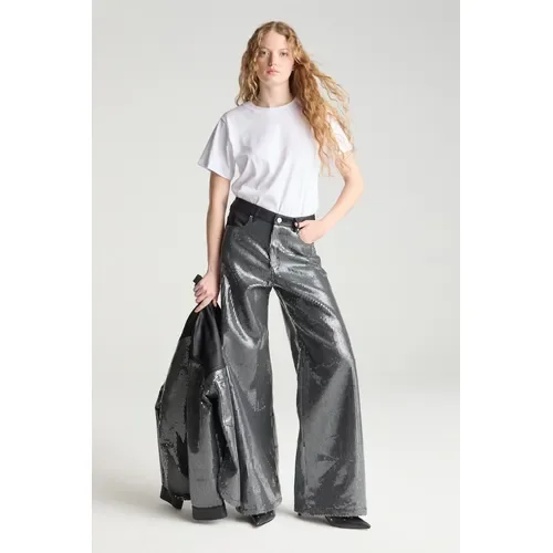 Jean Wide Leg Negro Lentejuelas Cuero Mujer Desiderata - Stock disponible - Electrónica