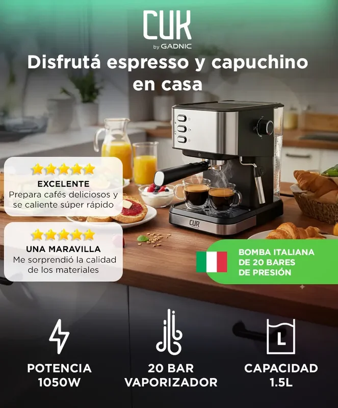 Cafetera Espresso Con Espumador Cuk By Gadnic 20 Bares 1,5l Espumador 1050W Tanque Removible Acero Inoxidable - Stock disponible - Productos para Mascotas