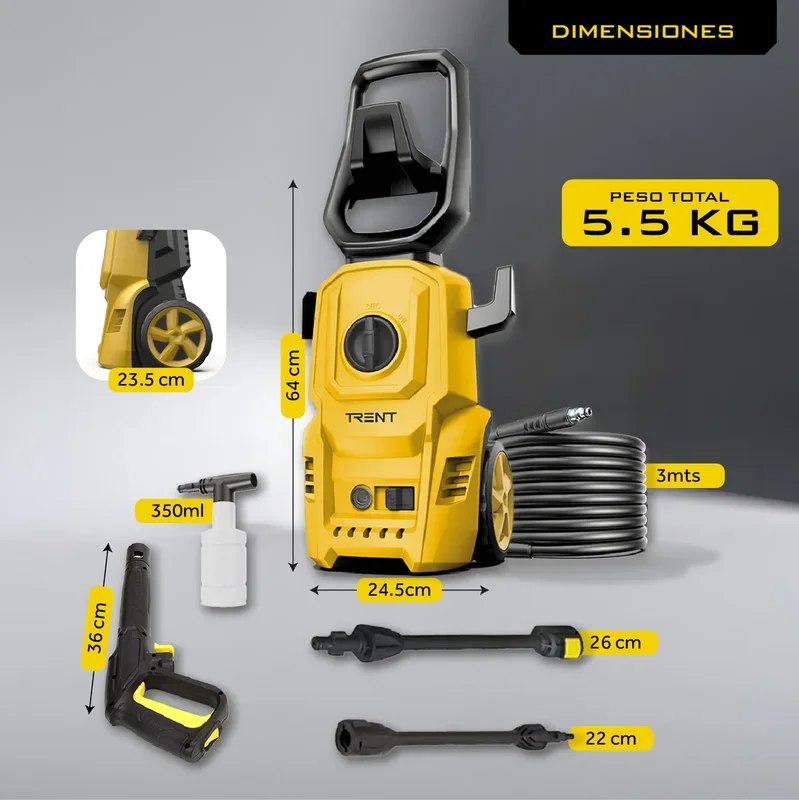 Hidrolavadora Electrica Trent HLT307 1400W Alta presion 1600 Psi 110 Bar con Accesorios - Stock disponible - Construcción