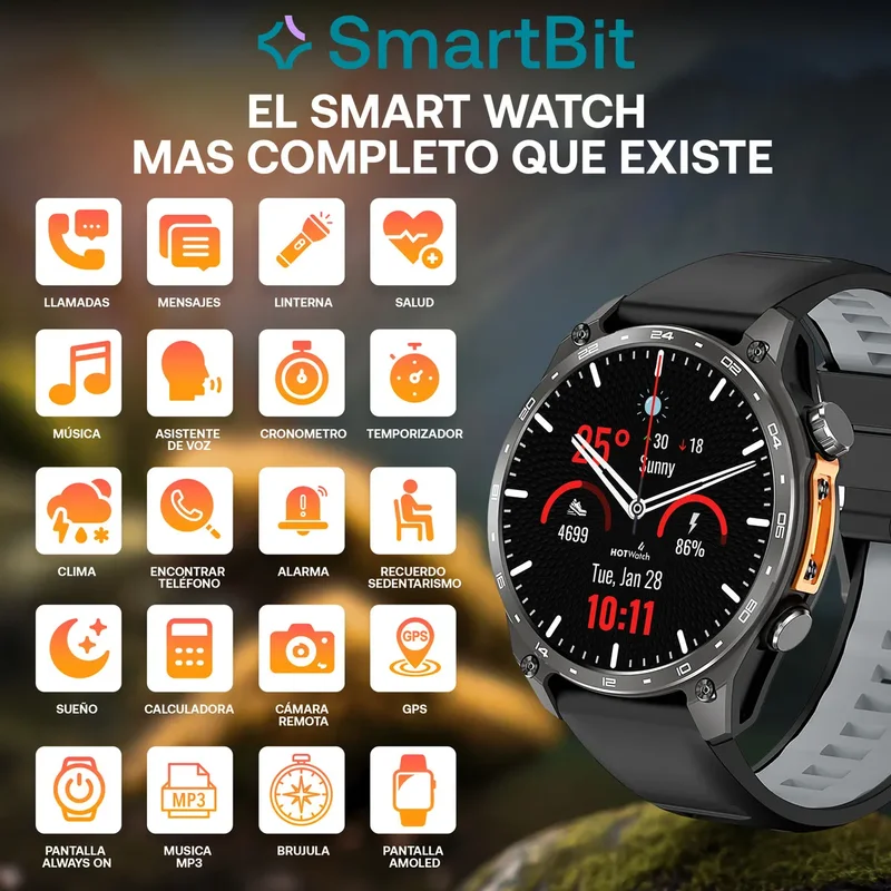 Reloj Inteligente Hombre Gps Integrado Smartbit Navigator Negro Musica Mp3 +300 Canciones Conexion A Auriculares Bluetooth Descarga de Mapa Sumergible 5 ATM Deportivo Presion Arterial Malla Extra - Stock disponible - Electrónica