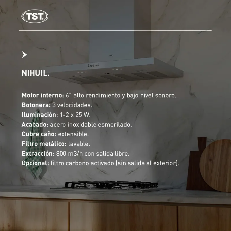 Extractor purificador de cocina TST Nihuil ac inox de pared 600mm x 40mm x 510mm plateado - Stock disponible - Electrónica