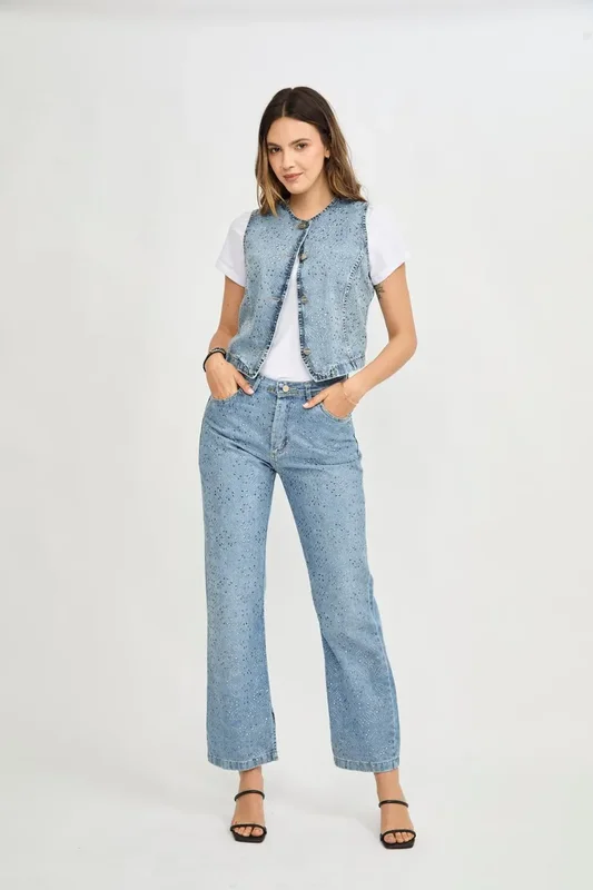 Largo Jean Straight Con Brillos De Mujer Baby Flowers Uniongood - Stock disponible - Ropas y Calzados