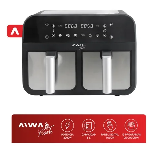 Freidora De Aire Digital Doble Canasto 4 + 4 Lts Aiwa 2600w Color Negro/Plateado - Stock disponible
