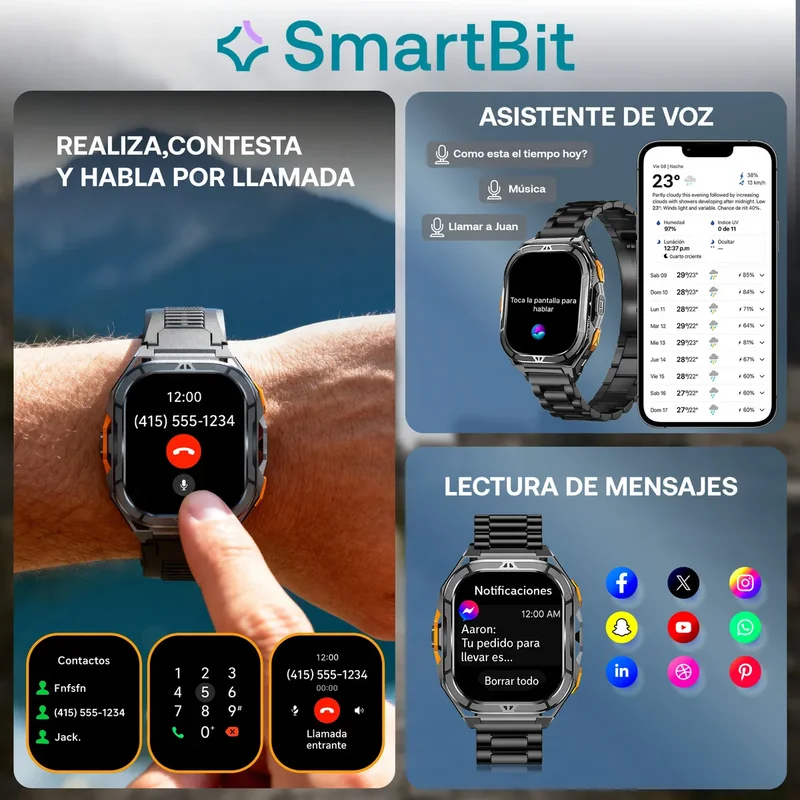 Reloj Inteligente Hombre Gps Integrado Satelital Smartbit Armor Smartwatch Sumergible 50 Metros +170 Deportes Llamadas Mensajes Acero Inoxidable Super Amoled 15 Dias De Bateria Malla Extra - Stock disponible - Deportes y Entretenimiento