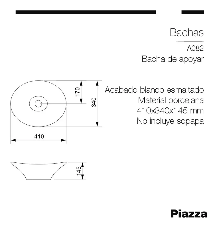 Bacha de Apoyo Piazza A082 - 410 x 330 x 145mm - Lavamanos Ovalada de Porcelana - Stock disponible - Productos para Mascotas