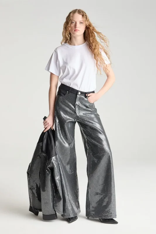 Jean Wide Leg Negro Lentejuelas Cuero Mujer Desiderata - Stock disponible - Electrónica