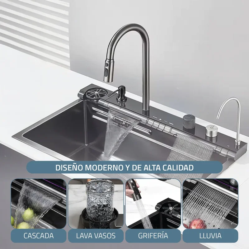 Bacha De Cocina Moderna Fika Inteligente Smart Multifunción Digital Led 75x45x22cm Plateada - Stock disponible - Electrónica