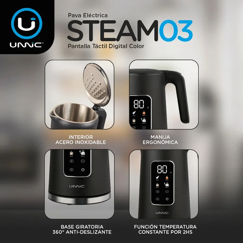 Pava Eléctrica Unnic Pantalla Digital Táctil Acero Inoxidable 1.7 L Temperatura Prestablecidas Ideal Para Mate Café Te Color Blanco - Stock disponible