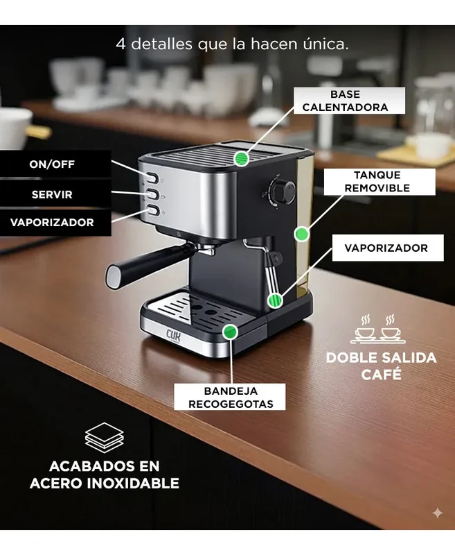 Cafetera Espresso Con Espumador Cuk By Gadnic 20 Bares 1,5l Espumador 1050W Tanque Removible Acero Inoxidable - Stock disponible - Productos para Mascotas