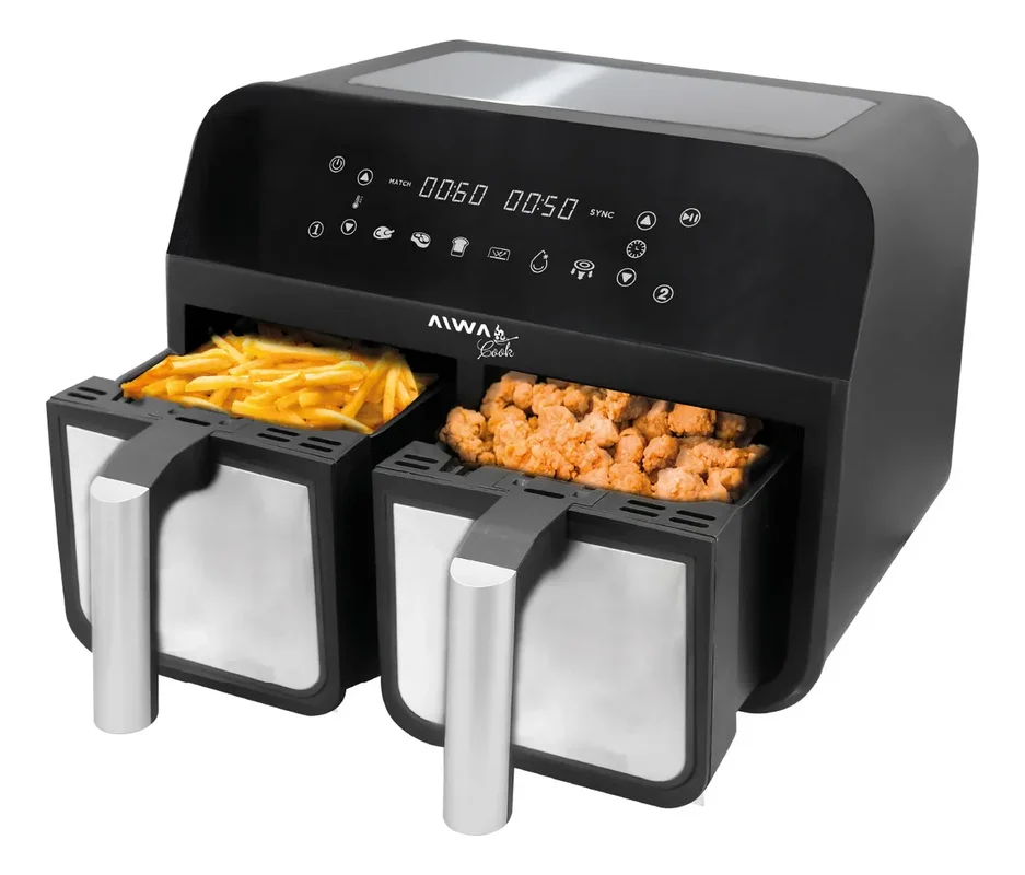 Freidora De Aire Digital Doble Canasto 4 + 4 Lts Aiwa 2600w Color Negro/Plateado - Stock disponible - Electrodomésticos