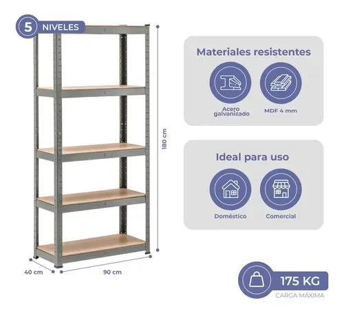 Estanteria Metal Estilo Industrial 5 Estantes 90x40x180 175kg Galvanizado Metalico Para Hogar Comercial Armado Facil - Stock disponible - Productos para Mascotas