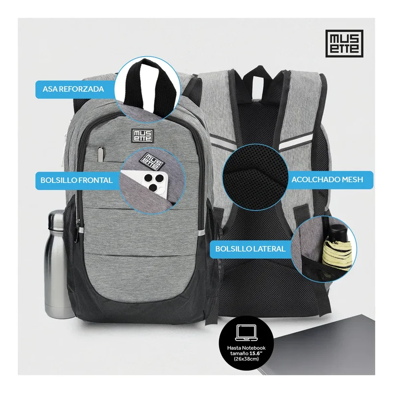 Mochila Porta Notebook 15.6 Urban Oxford Impermeable Viaje Musette Gris 20L - Stock disponible