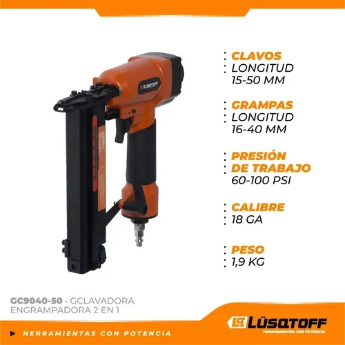 Clavadora Engrampadora Neumatica Lüsqtoff 60 a 100 PSI GC9040-50 - Stock disponible - Herramientas