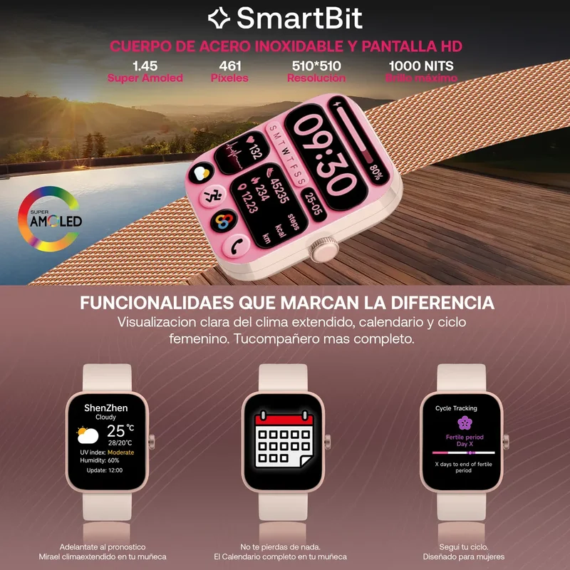 Reloj Inteligente Mujer Sumergible Smartbit Moove Rosa Gps Satelital 5 ATM Pantalla AMOLED 7 dias de bateria Mensajes Llamadas Deportes Natacion Malla Extra - Stock disponible - Electrónica