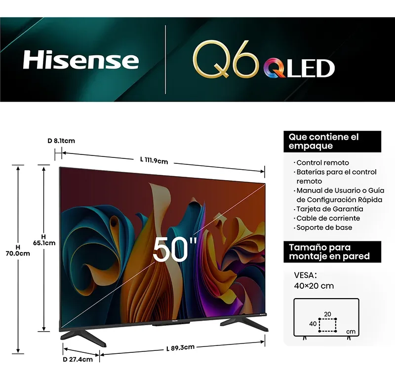 Smart TV Hisense Qled 50'' UHD 4K Google Tv 50Q6N - Stock disponible - Electrónica