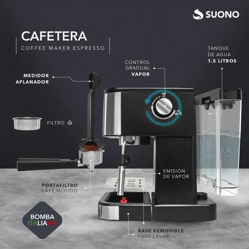 Cafetera Expresso Suono 1.5 L Acero Inoxidable 20 Bar Calentamiento de Tazas 1350 W Color Negro/Plateado - Stock disponible - Productos para Mascotas