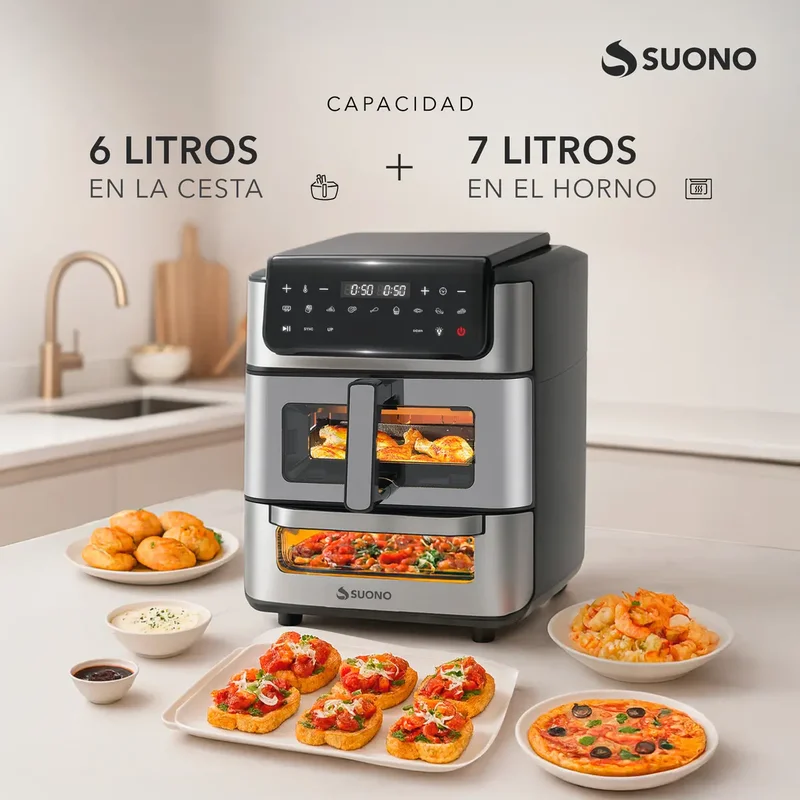 Freidora De Aire + Horno Pizzero Suono Airfryer Vertical 13l Acero Inoxidable - Stock disponible - Electrodomésticos
