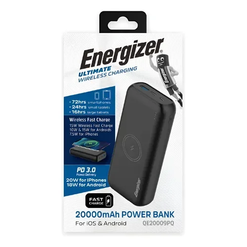 Usb Power Bank Energizer Cargador Inalámbrico Portatil Powerbank 20000mah Led Color Negro - Stock disponible