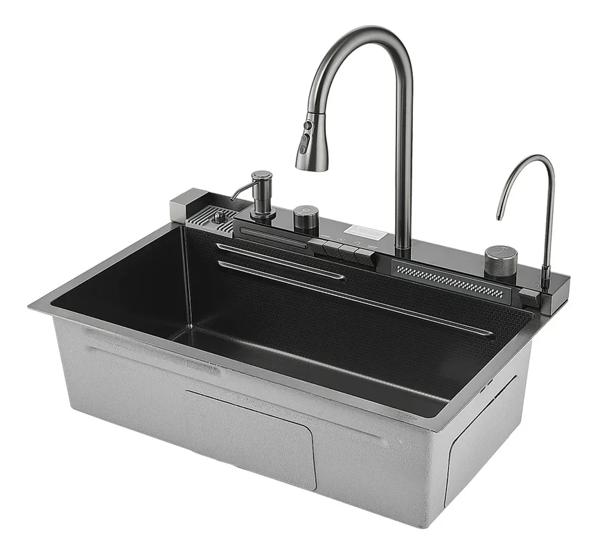 Bacha cocina inteligente multifuncion griferia digital Led Neró Cervina-8450 color negro - Stock disponible - Casa y Jardín