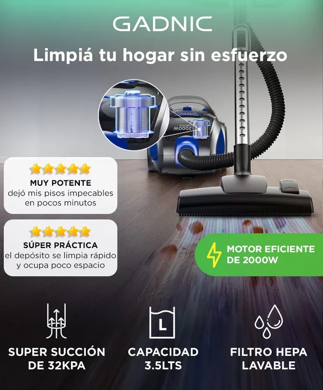 Aspiradora Ciclónica Gadnic 2000w Filtro Lavable Rebobinado Automático De Cable - Stock disponible - Productos para Mascotas