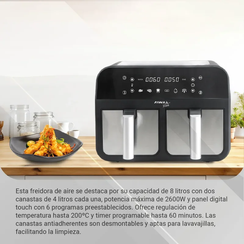 Freidora De Aire Digital Doble Canasto 4 + 4 Lts Aiwa 2600w Color Negro/Plateado - Stock disponible - Electrodomésticos